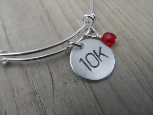 10K Marathon Bracelet- hand-stamped "10K"   - Hand-Stamped Bracelet- Adjustable Bangle Bracelet with an accent bead of your choice