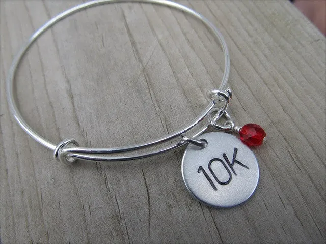 10K Marathon Bracelet- hand-stamped "10K"   - Hand-Stamped Bracelet- Adjustable Bangle Bracelet with an accent bead of your choice