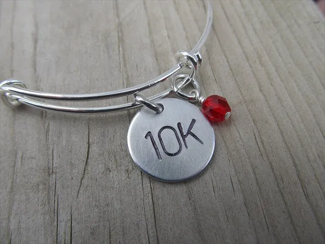10K Marathon Bracelet- hand-stamped "10K"   - Hand-Stamped Bracelet- Adjustable Bangle Bracelet with an accent bead of your choice