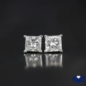 1.27 Carat Princess Cut Diamond Stud Earrings In 14K Gold With Screw Back