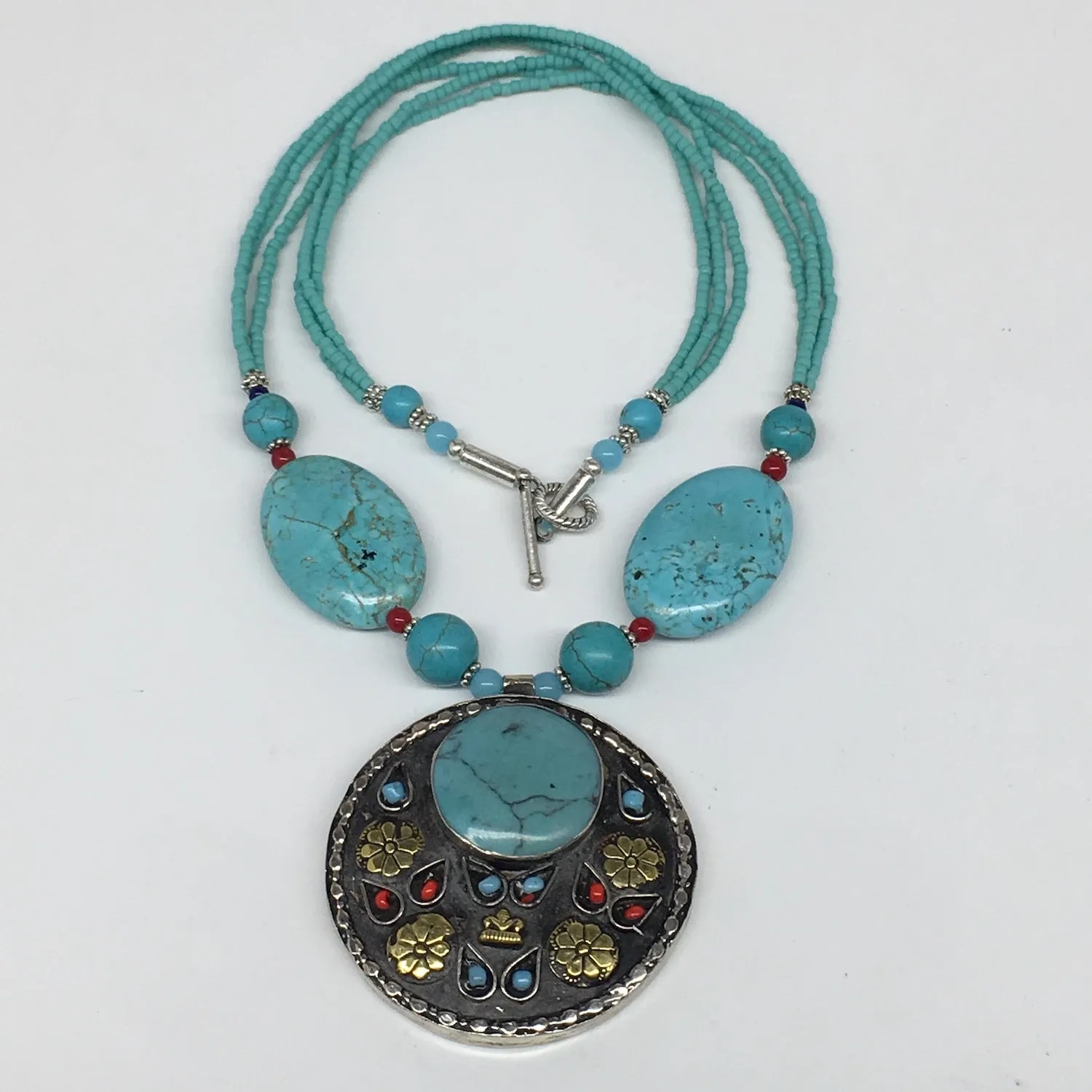 1pc, Turkmen Necklace Pendant Statement Tribal Round Blue Turquoise Inlay, TN806