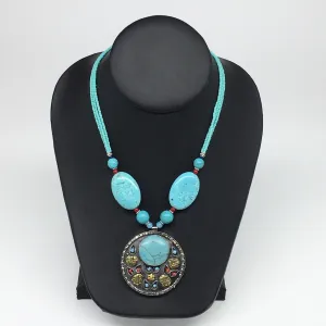 1pc, Turkmen Necklace Pendant Statement Tribal Round Blue Turquoise Inlay, TN806