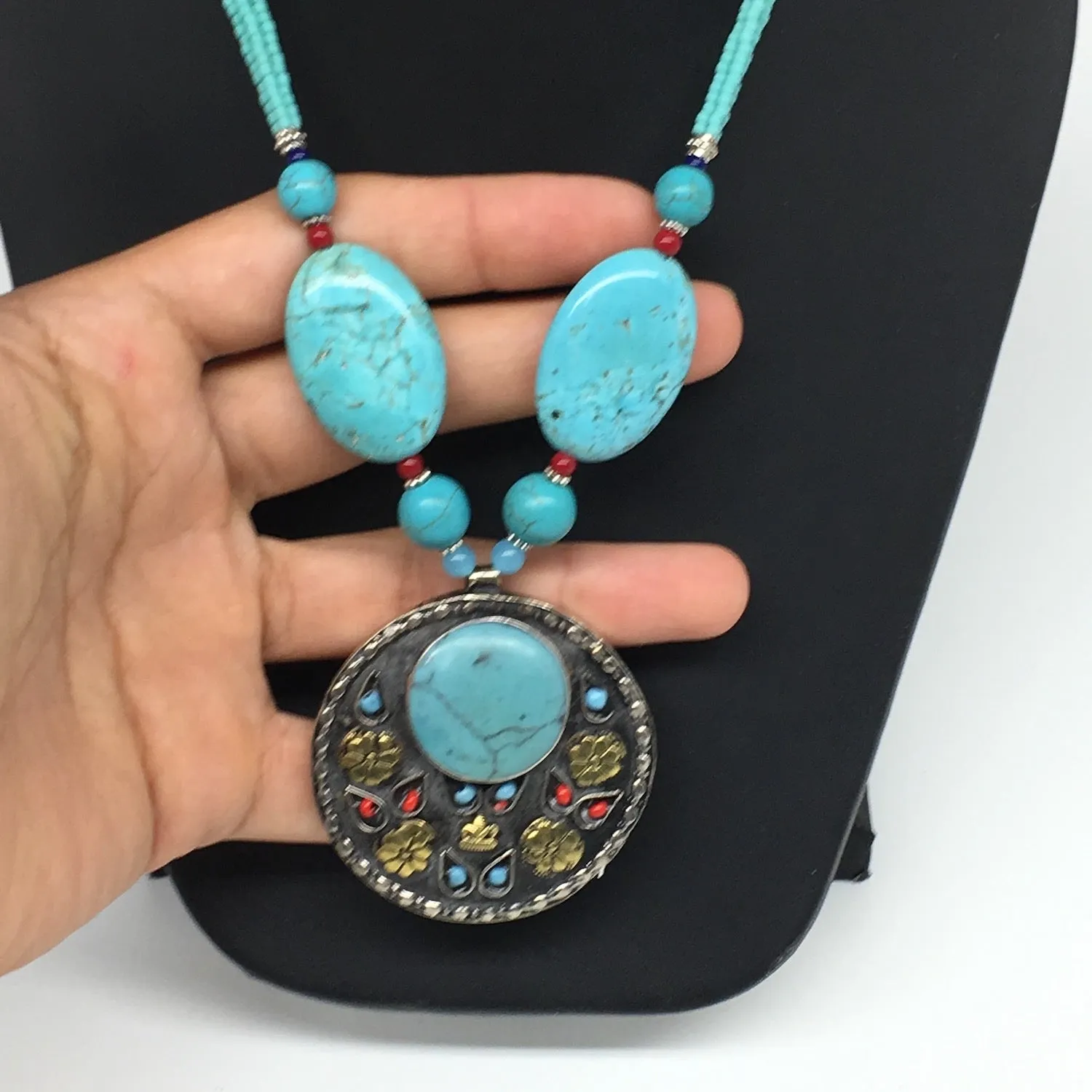 1pc, Turkmen Necklace Pendant Statement Tribal Round Blue Turquoise Inlay, TN806