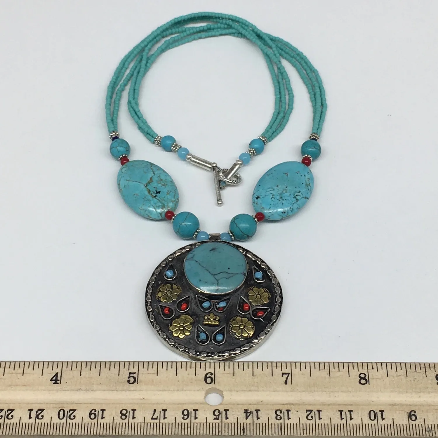 1pc, Turkmen Necklace Pendant Statement Tribal Round Blue Turquoise Inlay, TN806