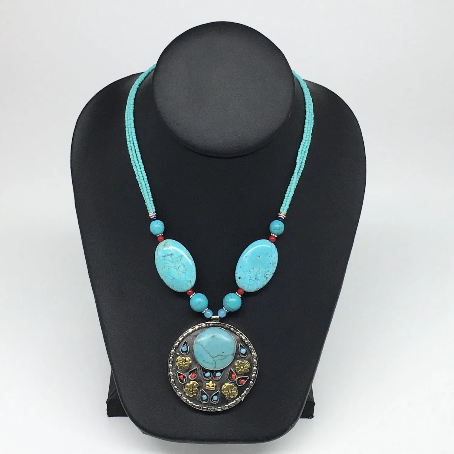1pc, Turkmen Necklace Pendant Statement Tribal Round Blue Turquoise Inlay, TN806
