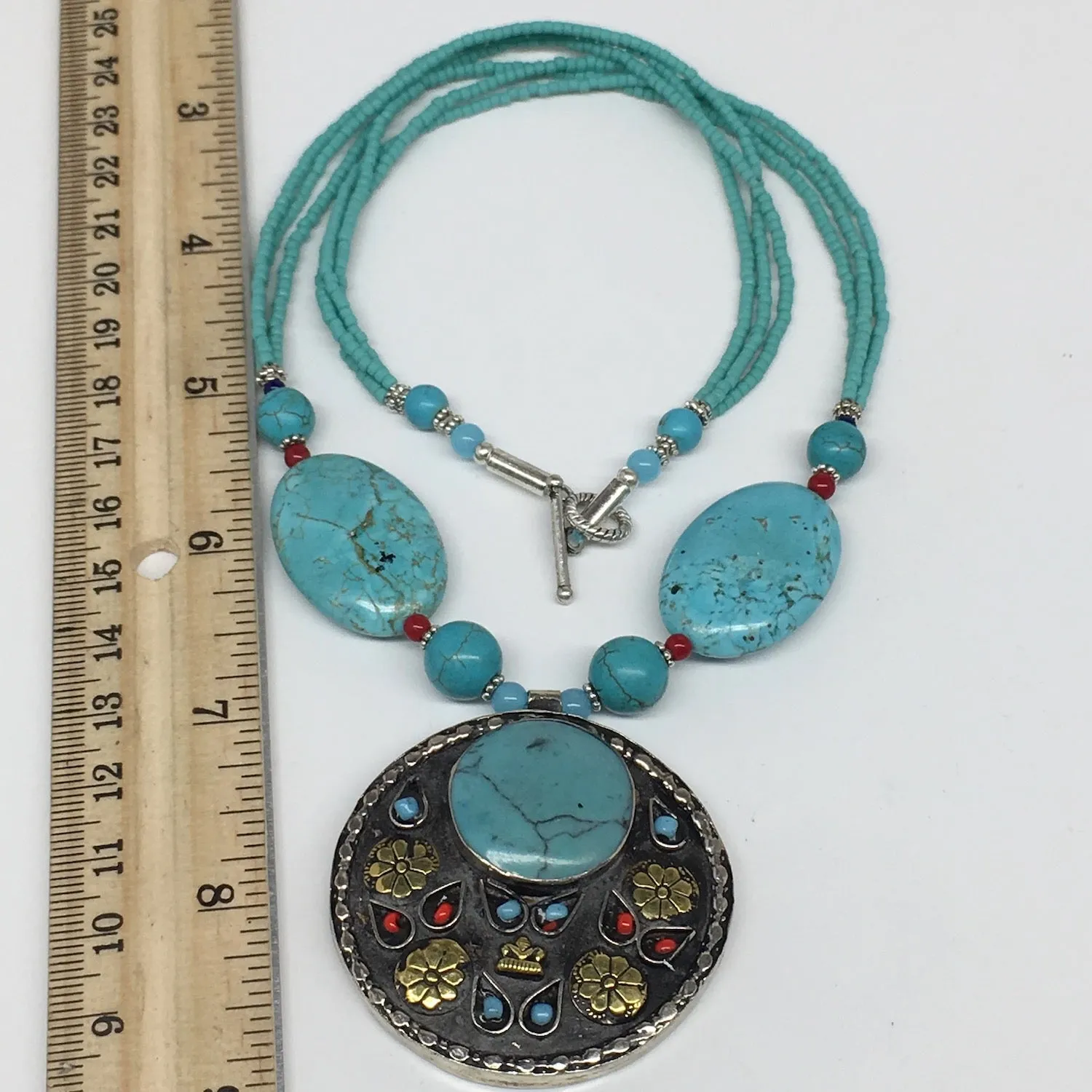 1pc, Turkmen Necklace Pendant Statement Tribal Round Blue Turquoise Inlay, TN806
