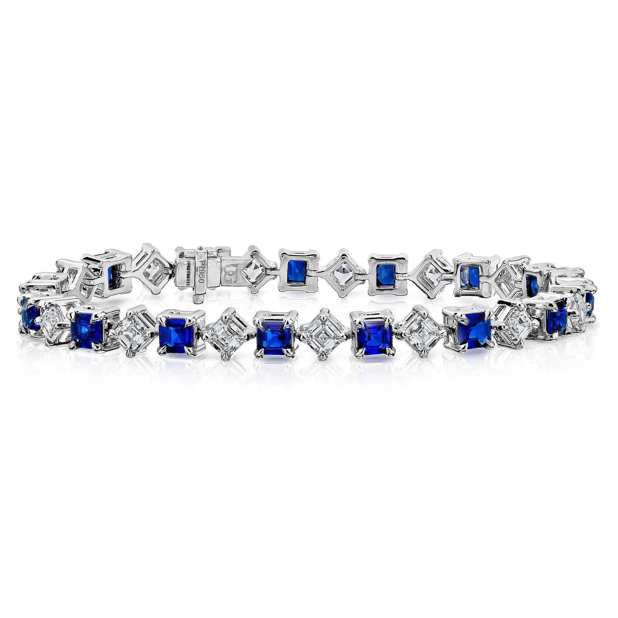 8.36 Blue Asscher Cut Sapphire and Diamond Platinum Bracelet