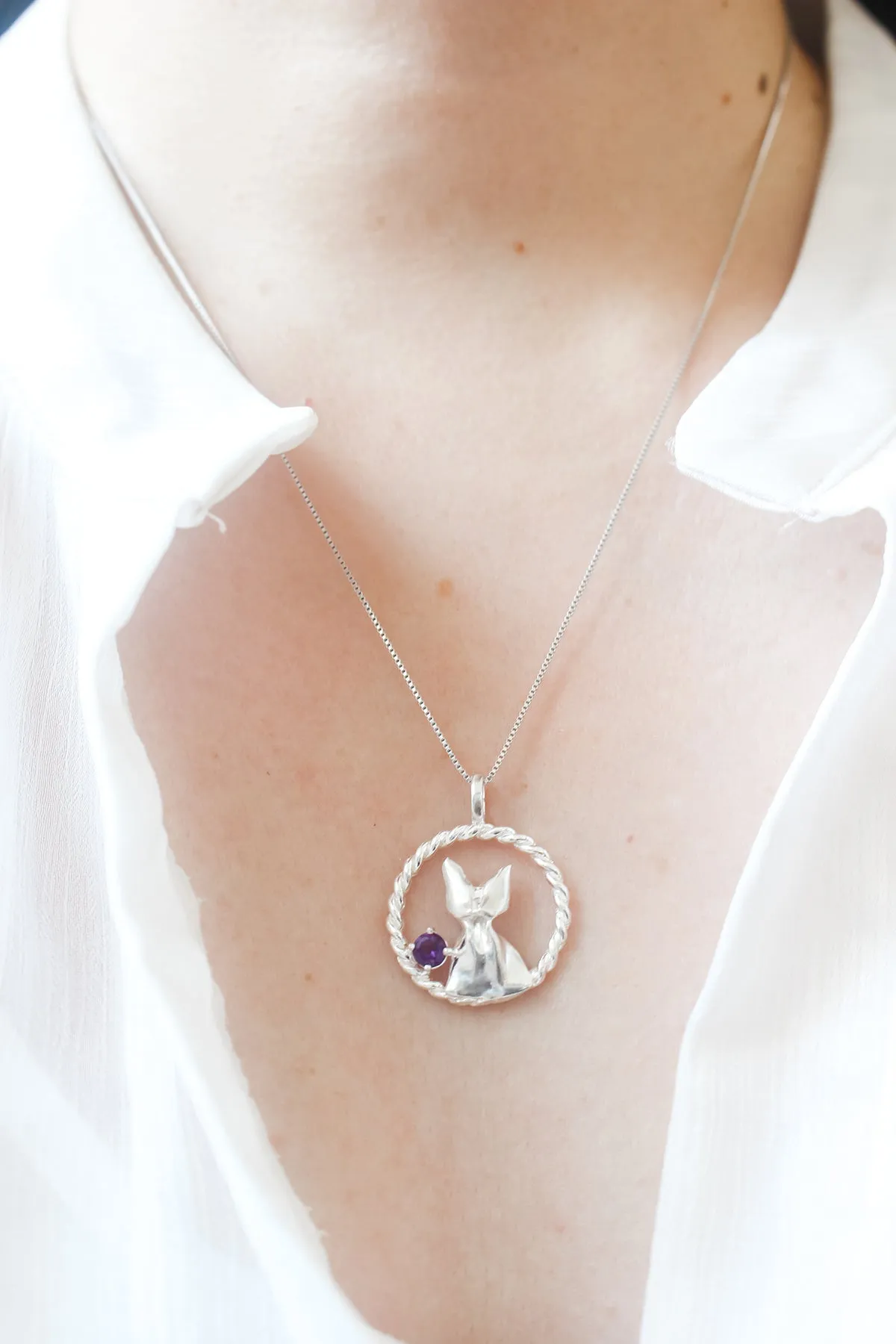 925 Silver Origami Cat and Amethyst Necklace