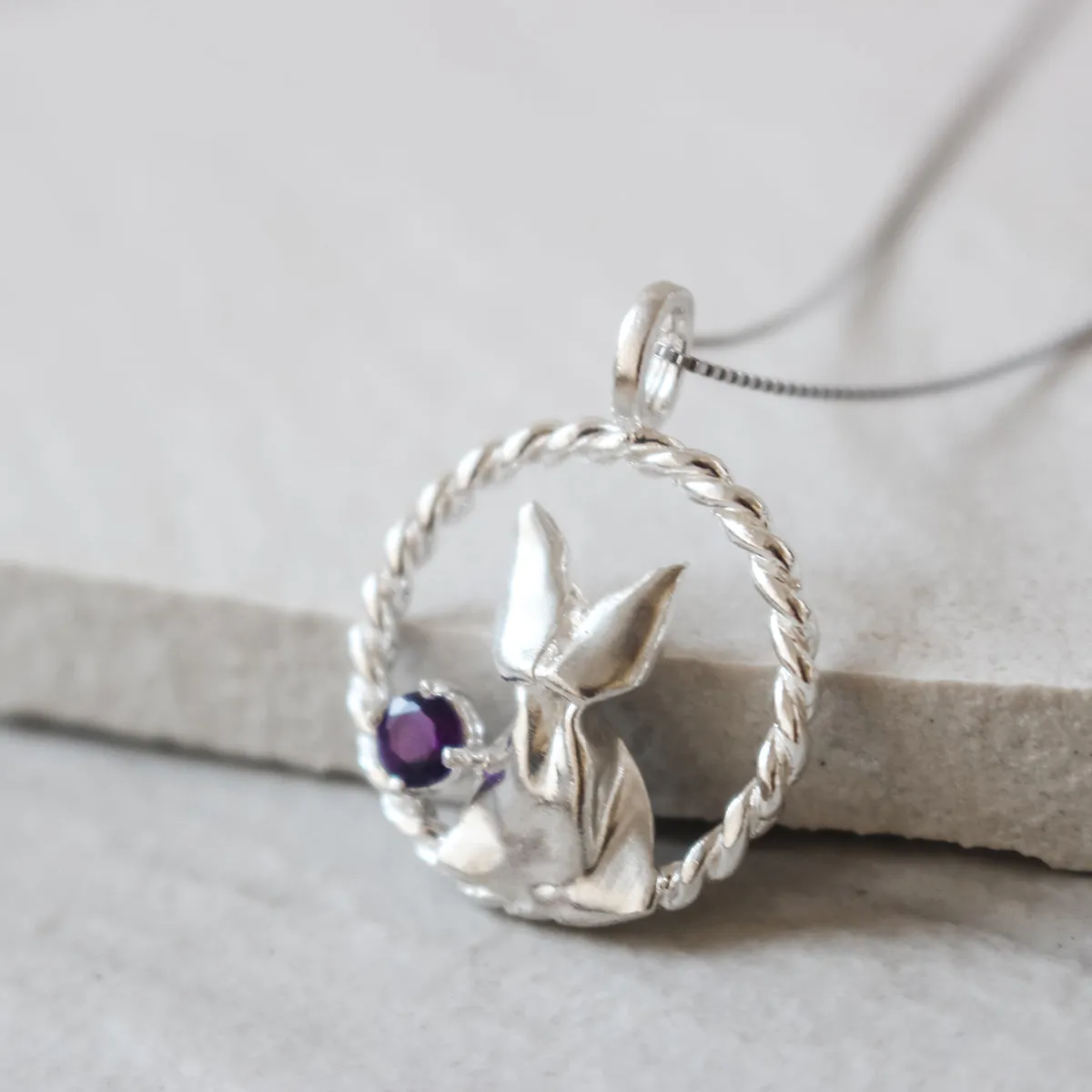 925 Silver Origami Cat and Amethyst Necklace