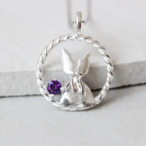 925 Silver Origami Cat and Amethyst Necklace