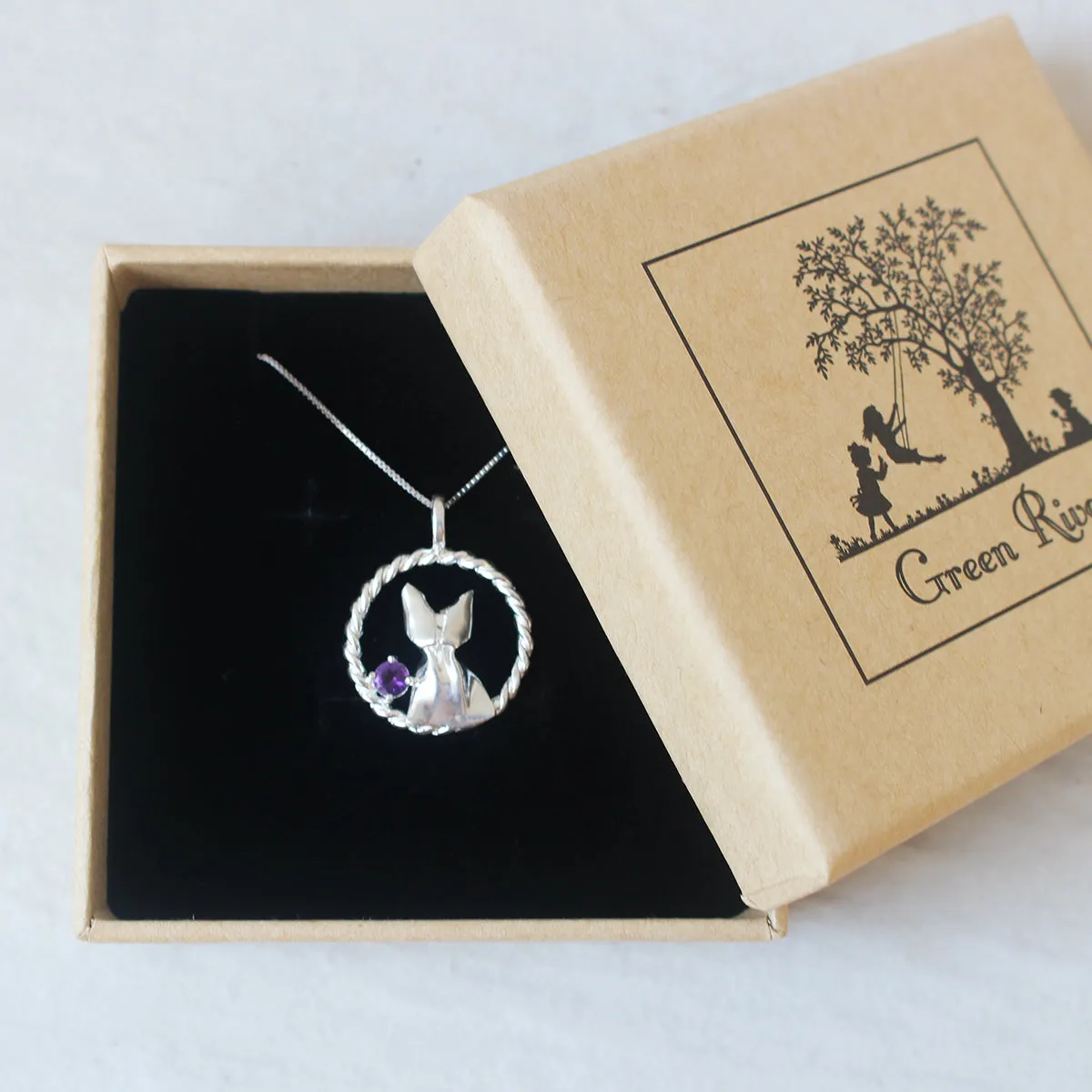 925 Silver Origami Cat and Amethyst Necklace