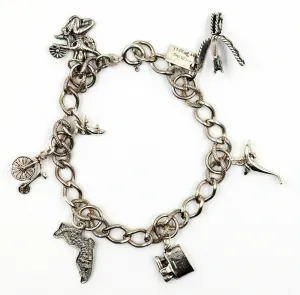 925 Sterling Silver Charm Bracelet Curb Link Chain Fine Jewellery 6 Charms