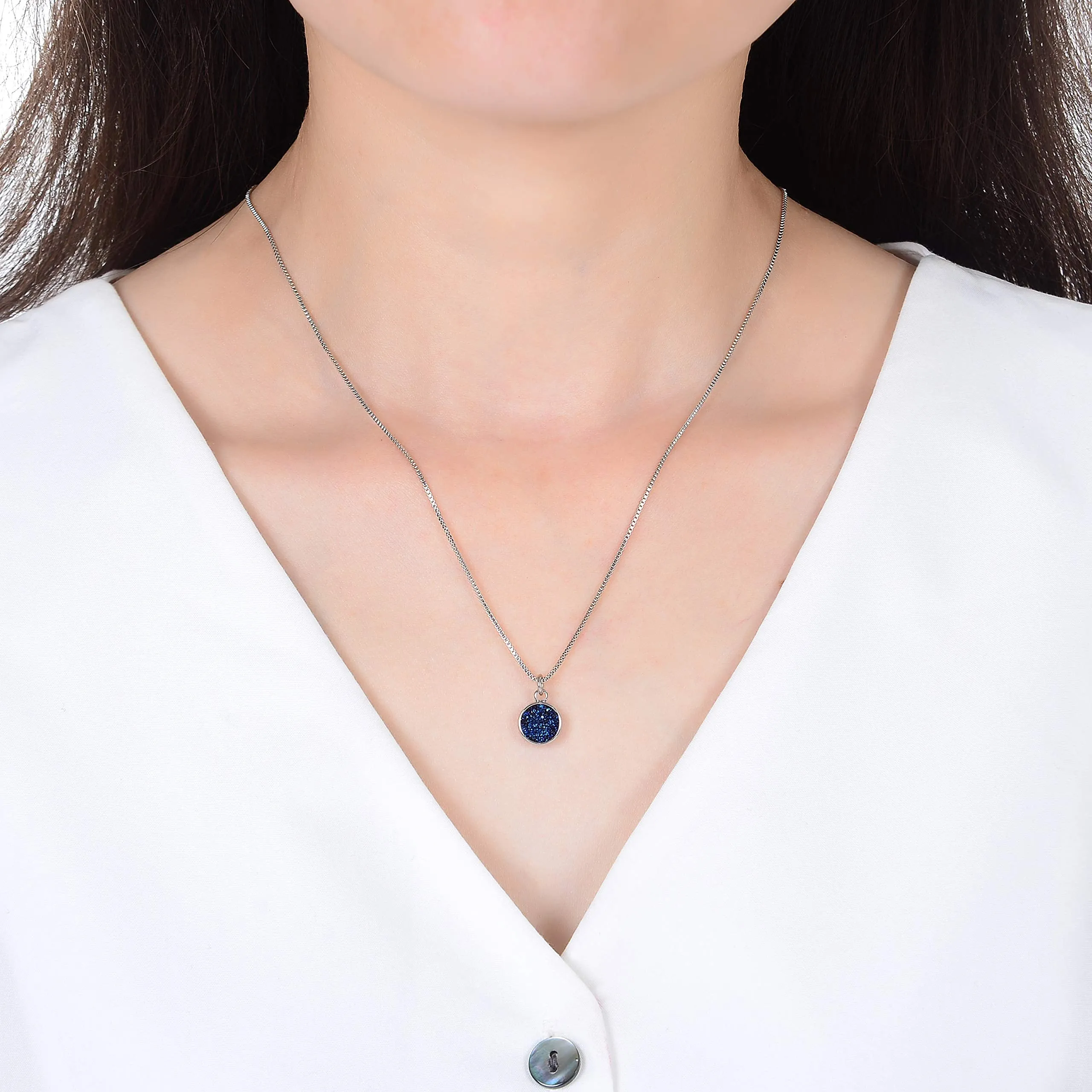 Adabele Natural Druzy Crystal Round Pendant Gemstone Necklace 18 inch Electroplated Healing Crystal Quartz Chakra Gem Stones Jewelry Women Girls Purple Blue stainless-steel