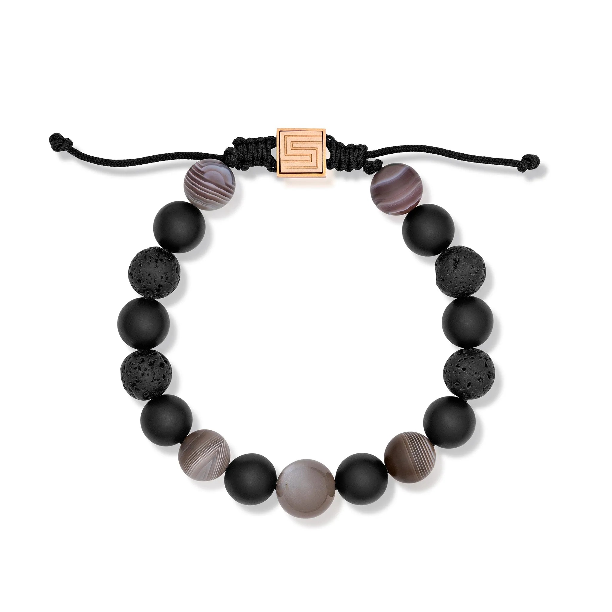 Agate, Black Lava, and Brown Moonstone Bead Bracelet