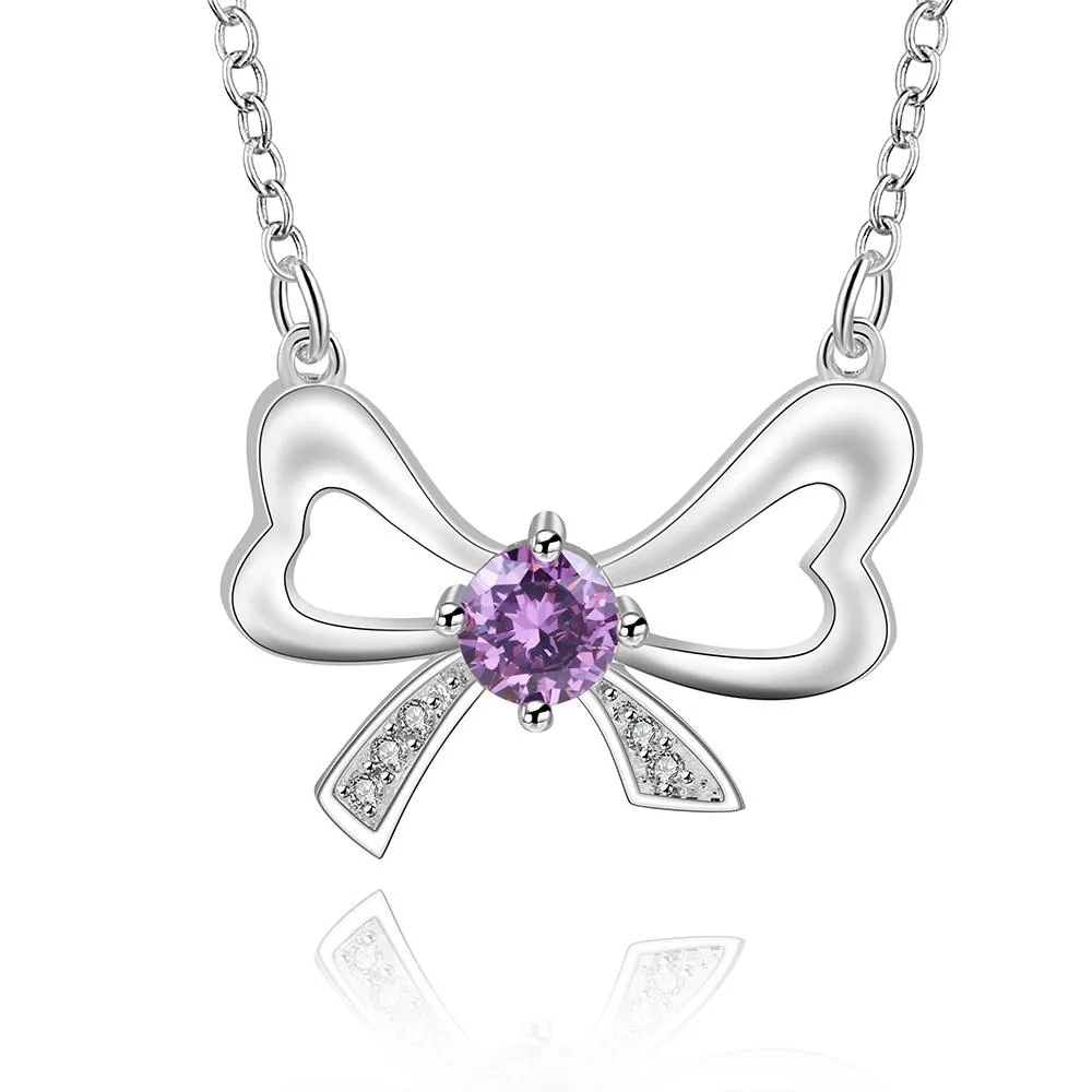 Amethyst Bow Tie Necklace in 18K White Gold Plated with  Crystals