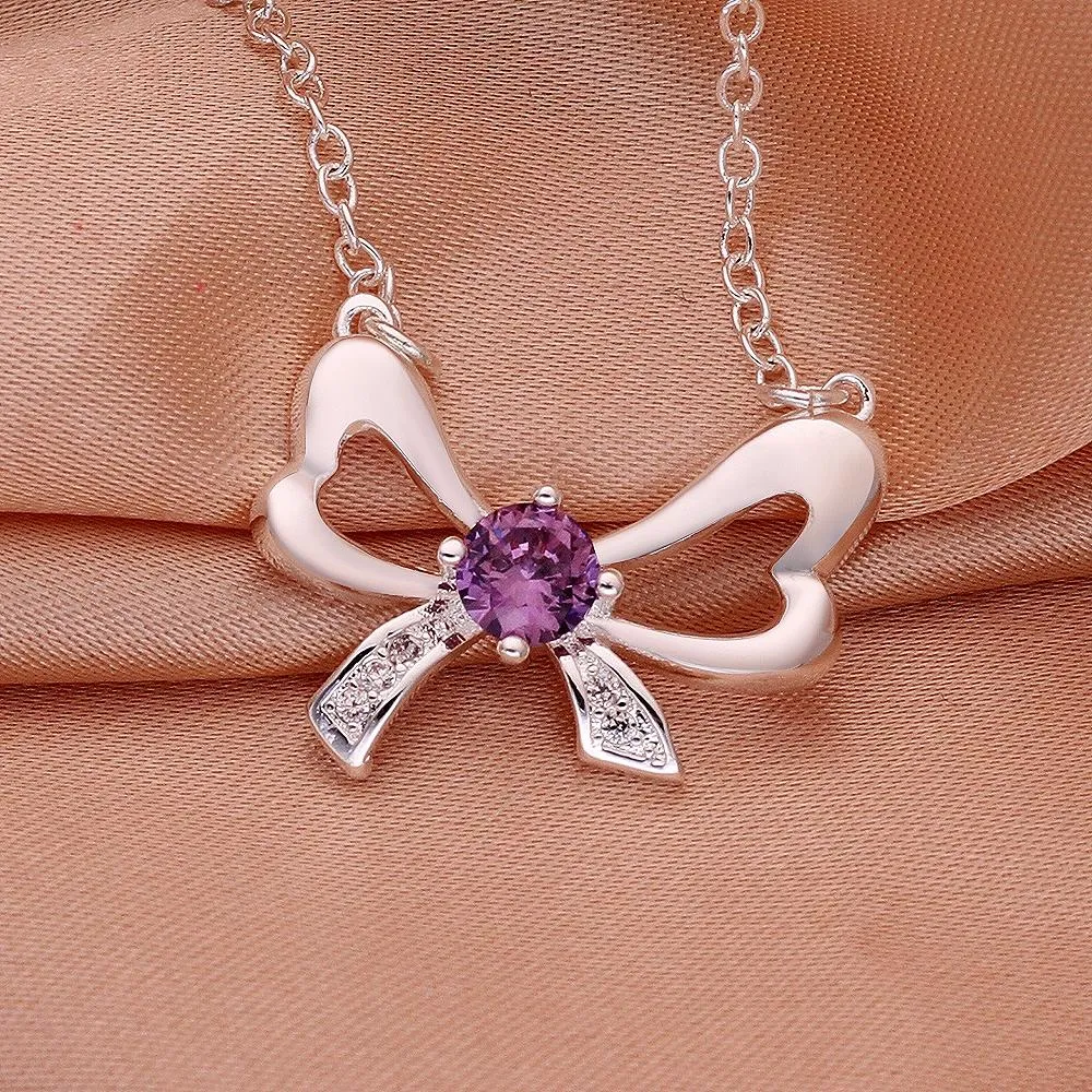 Amethyst Bow Tie Necklace in 18K White Gold Plated with  Crystals