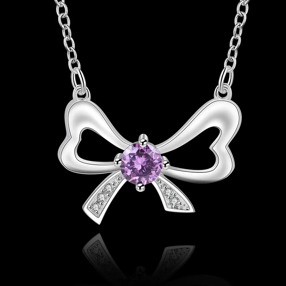 Amethyst Bow Tie Necklace in 18K White Gold Plated with  Crystals