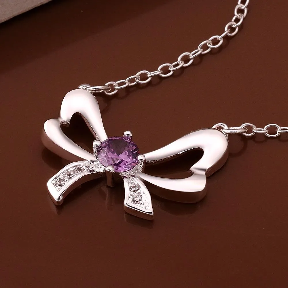 Amethyst Bow Tie Necklace in 18K White Gold Plated with  Crystals