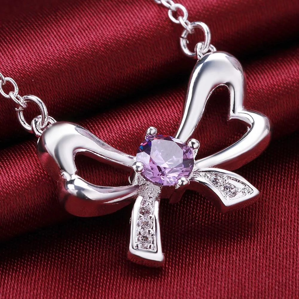 Amethyst Bow Tie Necklace in 18K White Gold Plated with  Crystals