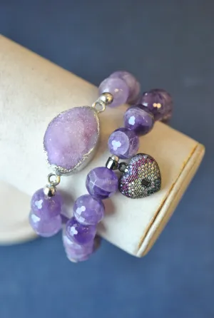 AMETHYST LAVENDER DRUZY AND RHINESTONES STRETCHY BRACELETS SET