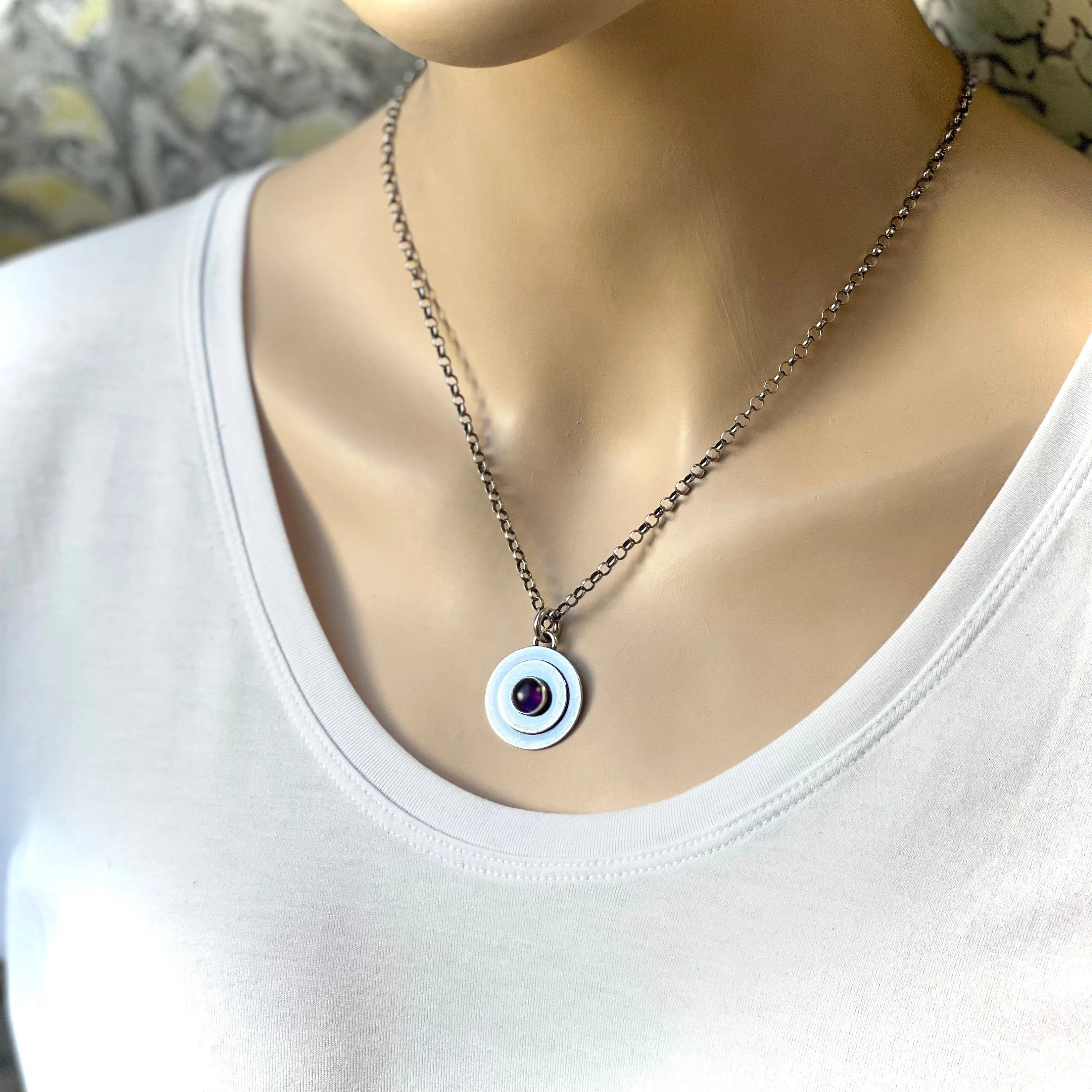 Amethyst Sterling Silver Necklace - Amethyst Cabochon Pendant on Sterling Silver Chain