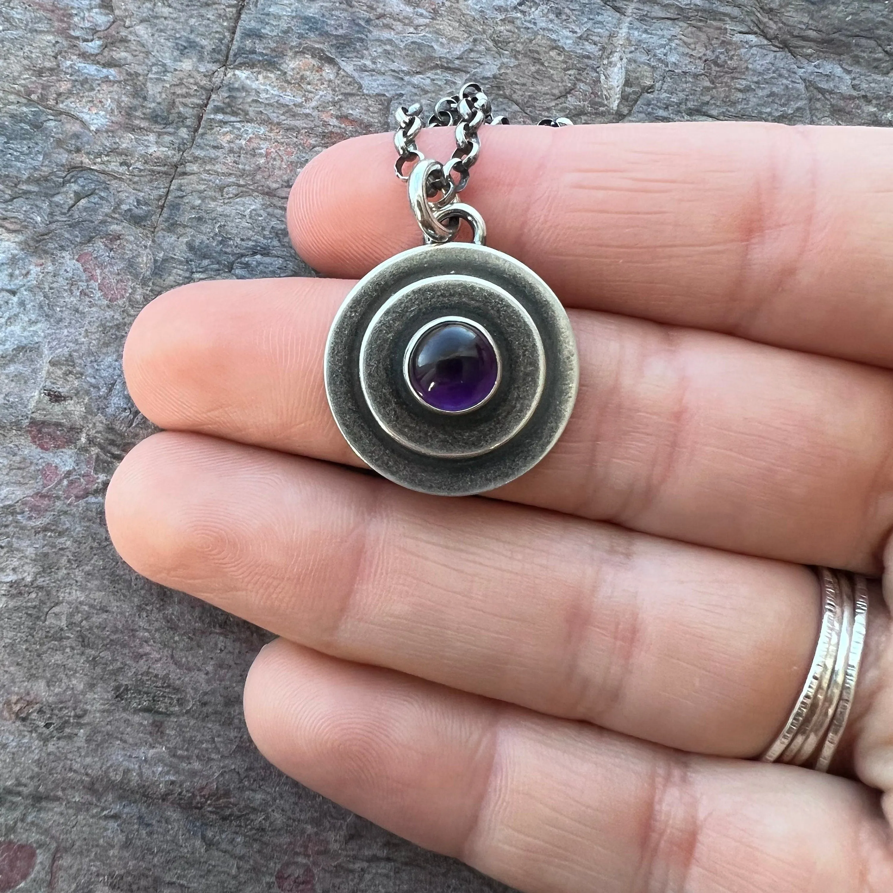 Amethyst Sterling Silver Necklace - Amethyst Cabochon Pendant on Sterling Silver Chain
