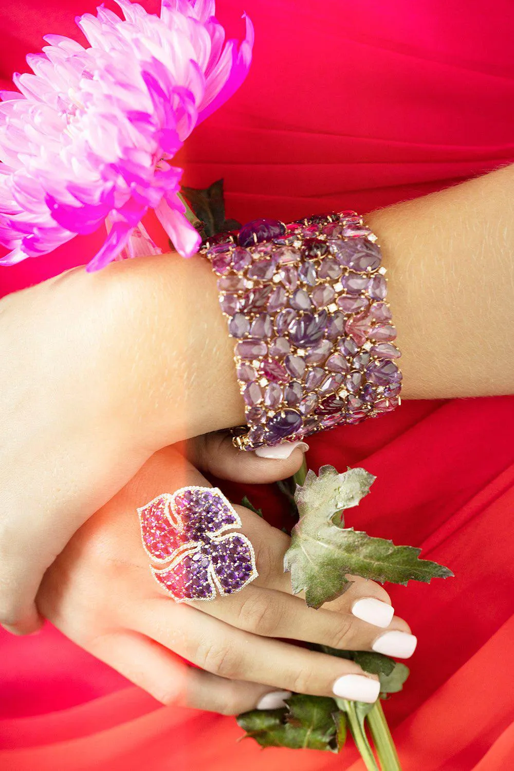 Amethyst Tourmaline and Sapphire Wide Bracelet