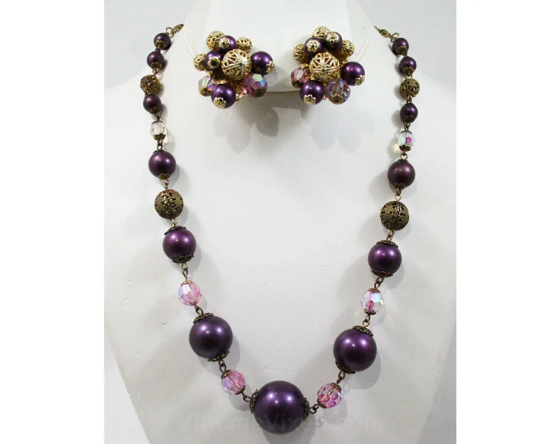 Antique Inspired Purple Necklace & Earrings - Baroque Style 1950s Gold Color Metal Filigree - Faceted Glass - 50s Bauble Clips - 42578