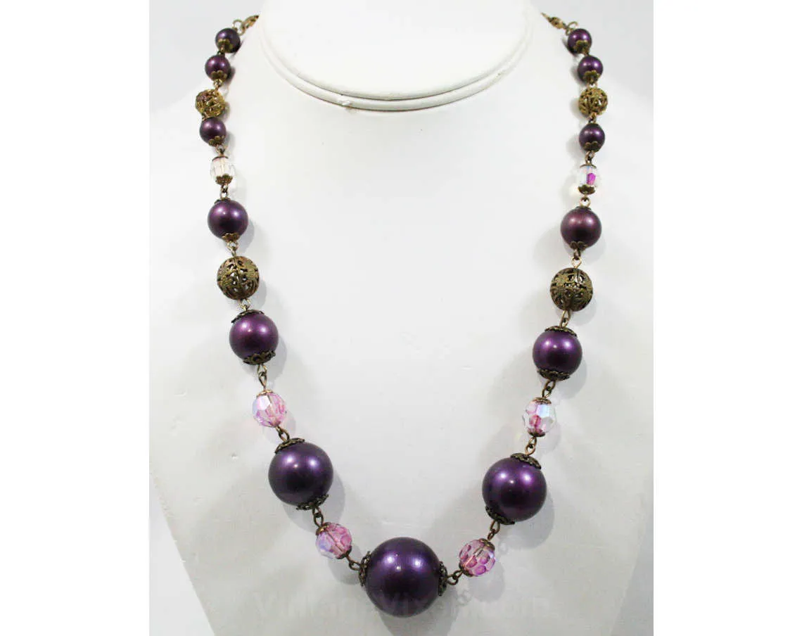 Antique Inspired Purple Necklace & Earrings - Baroque Style 1950s Gold Color Metal Filigree - Faceted Glass - 50s Bauble Clips - 42578