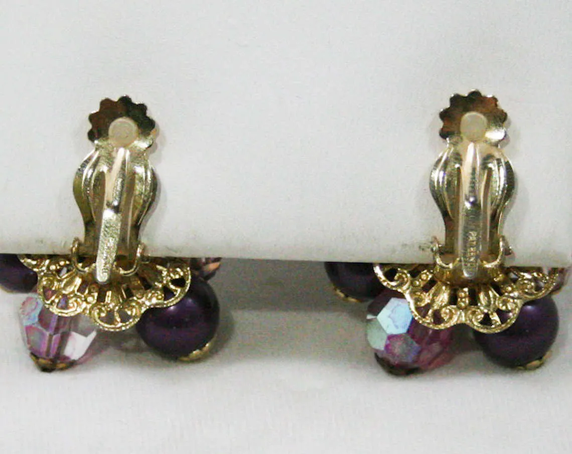 Antique Inspired Purple Necklace & Earrings - Baroque Style 1950s Gold Color Metal Filigree - Faceted Glass - 50s Bauble Clips - 42578