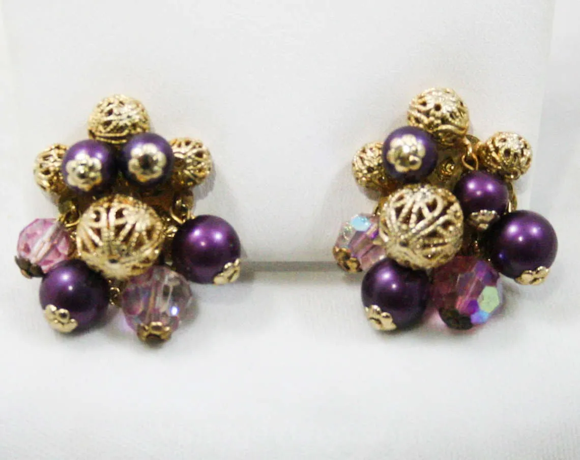 Antique Inspired Purple Necklace & Earrings - Baroque Style 1950s Gold Color Metal Filigree - Faceted Glass - 50s Bauble Clips - 42578