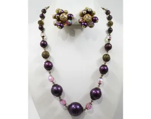 Antique Inspired Purple Necklace & Earrings - Baroque Style 1950s Gold Color Metal Filigree - Faceted Glass - 50s Bauble Clips - 42578