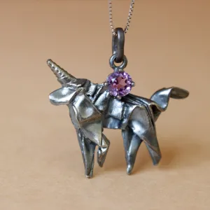 Black Silver Origami Unicorn Merry-go-round Necklace with Amethyst