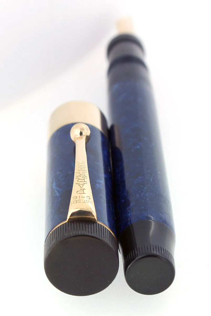 C1927 PARKER SR DUOFOLD BLUE ON BLUE LAPIS FOUNTAIN PEN WIDE CAP BAND RESTORED