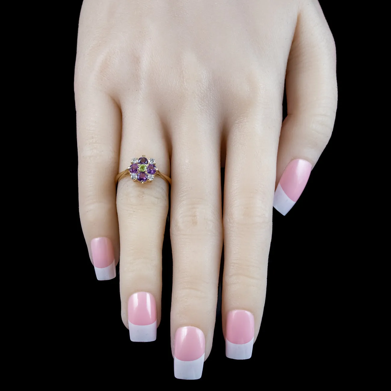 Edwardian Style Suffragette Cluster Ring Amethyst Peridot Diamond
