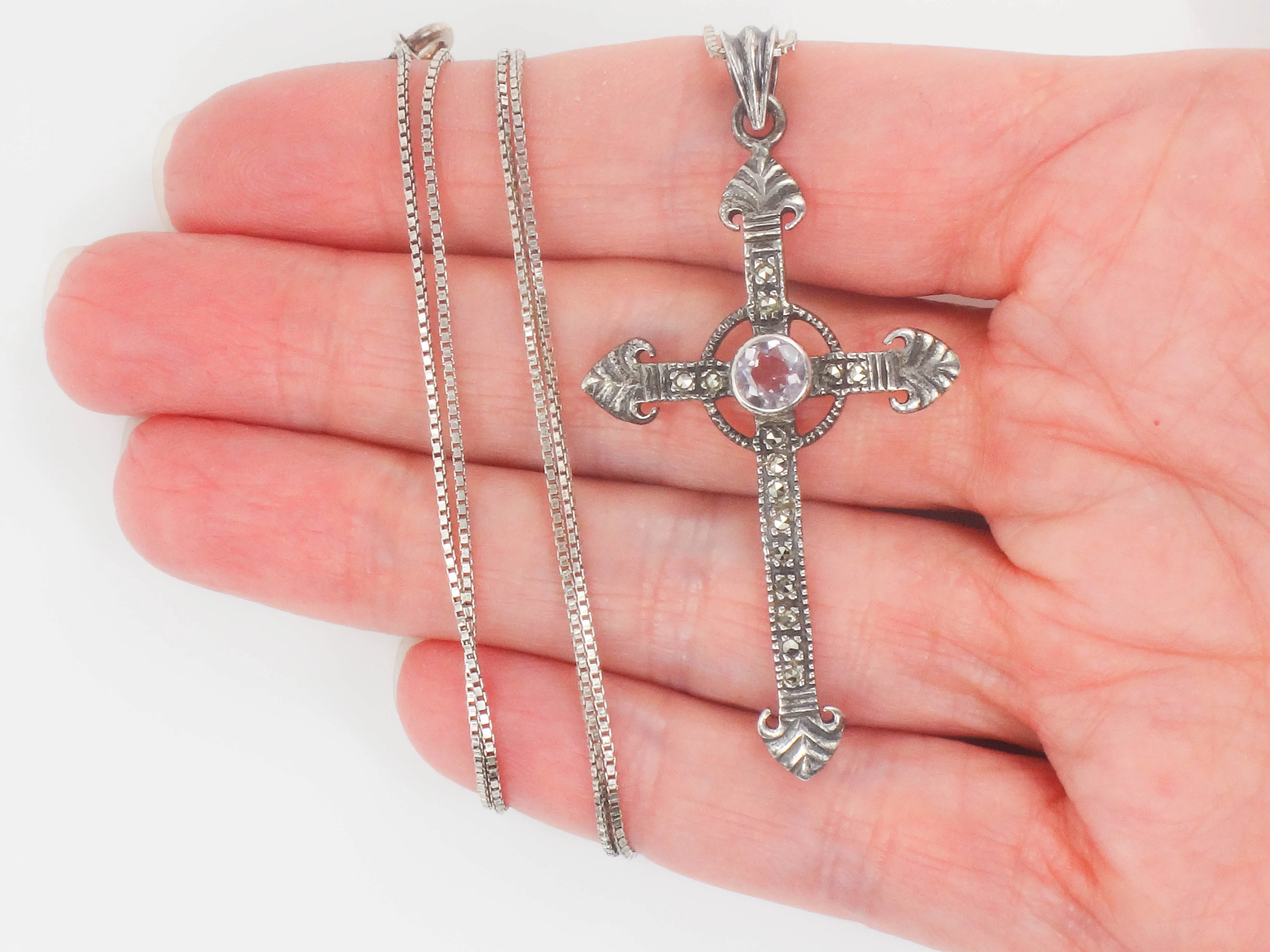 Estate Sterling Silver Large Purple Amethyst and Marcasite Cross Pendant Necklace 24"