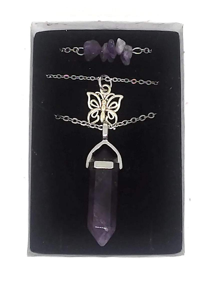 Gemstone & Charm Layered Necklace Set - Amethyst