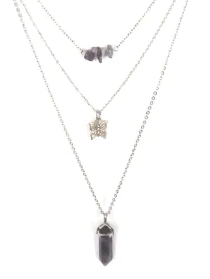 Gemstone & Charm Layered Necklace Set - Amethyst