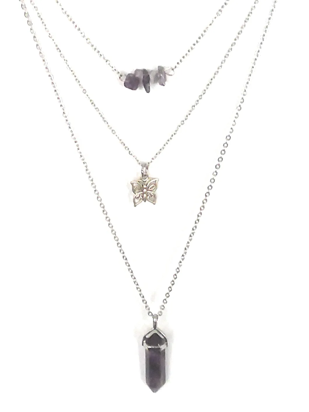 Gemstone & Charm Layered Necklace Set - Amethyst