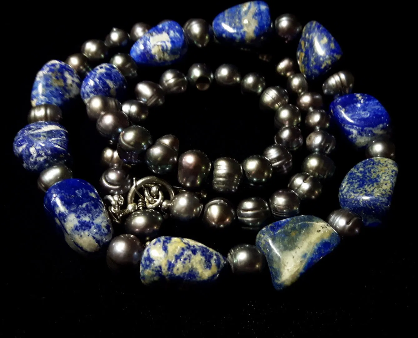 Lapis Lazuli & Black Pearl Silver Necklace