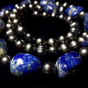 Lapis Lazuli & Black Pearl Silver Necklace