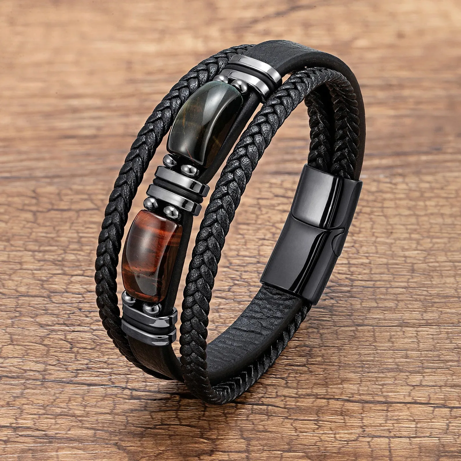 Multi-layer Braided Leather Charm Bracelet Red Blue Tiger Eye Stone Bracelet For Men Simple Stainless Steel Jewelry Accessories