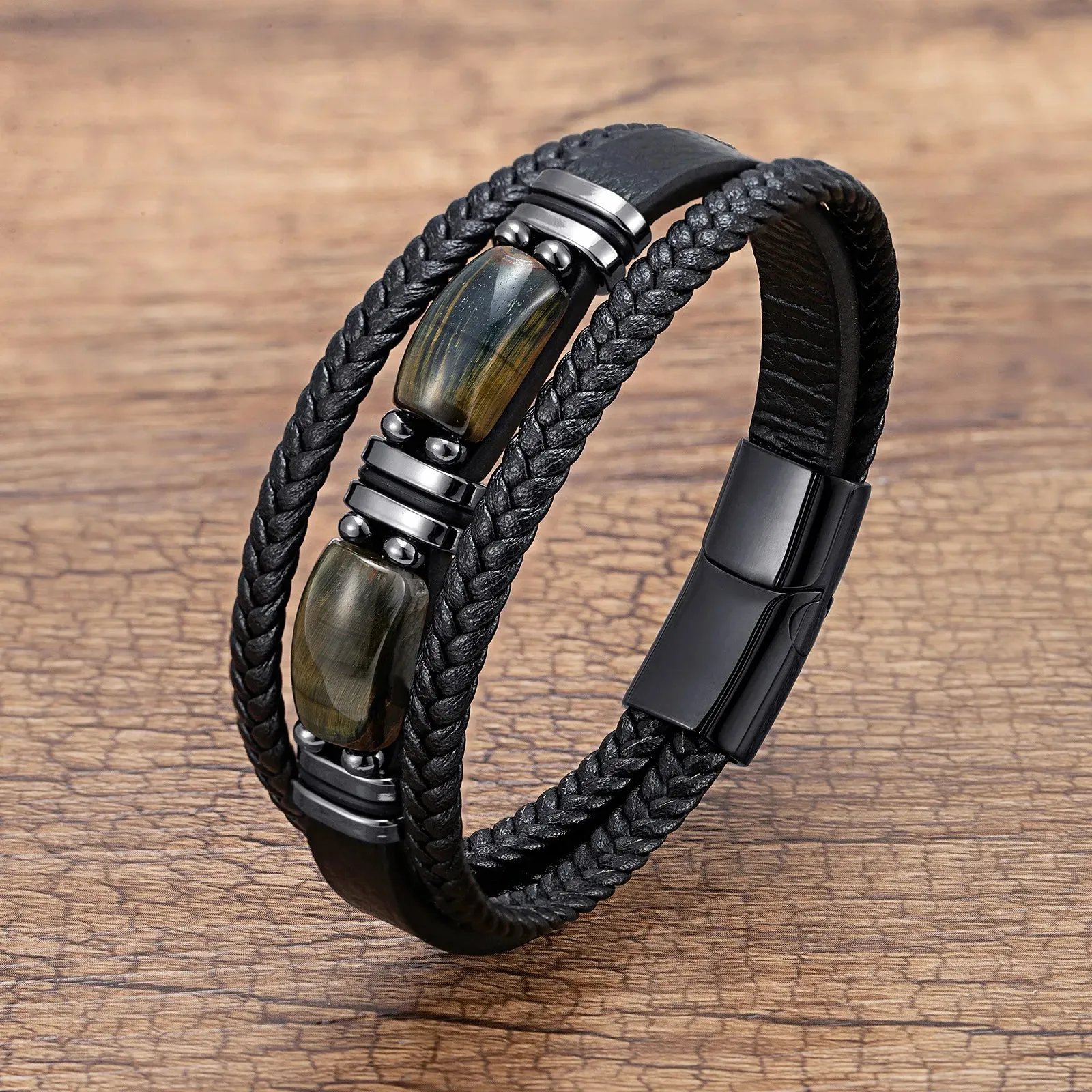 Multi-layer Braided Leather Charm Bracelet Red Blue Tiger Eye Stone Bracelet For Men Simple Stainless Steel Jewelry Accessories