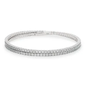 platinum finish sterling silver double wrap flexible bracelet with simulated diamonds
