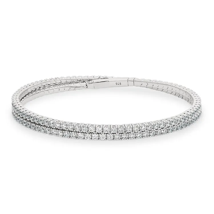 platinum finish sterling silver double wrap flexible bracelet with simulated diamonds