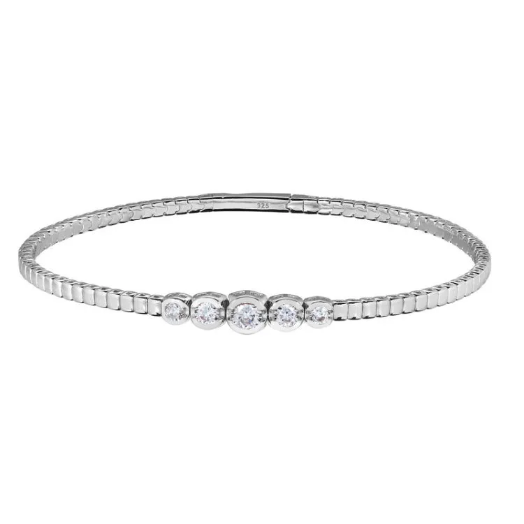 platinum finish sterling silver flexible bracelet with 5 graduated  bezel set simulated diamonds