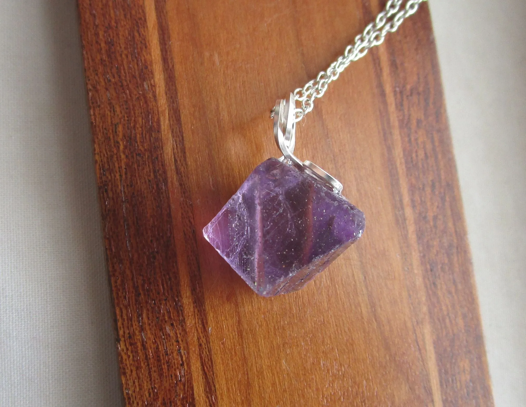 Purple Fluorite Octahedron Crystal Gemstone Pendant Necklace