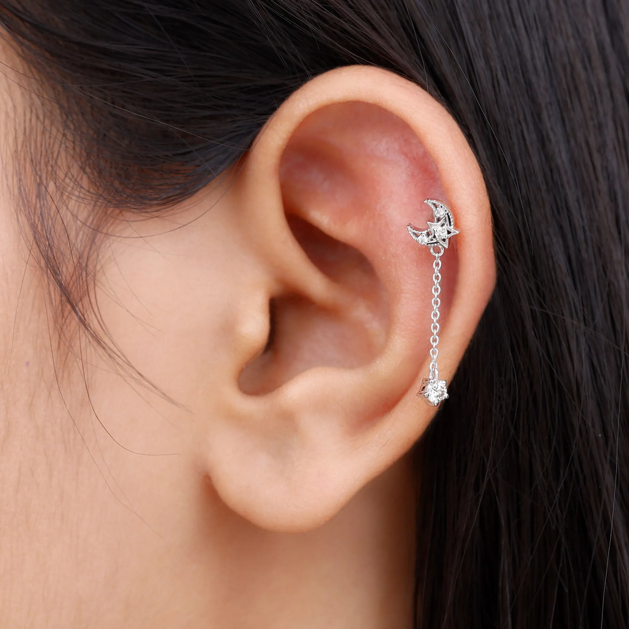 Real Diamond Celestial Moon Chain Drop Earring