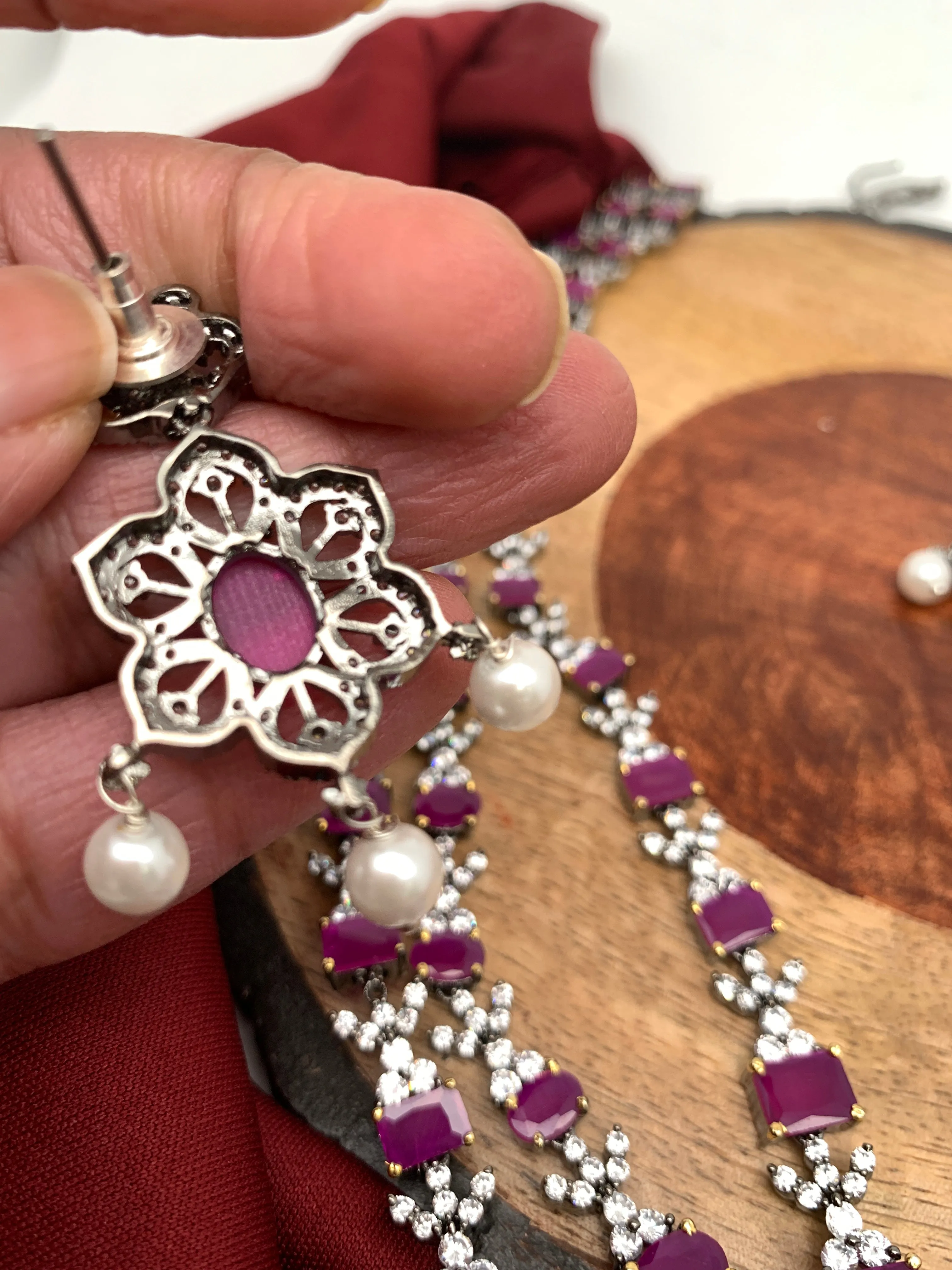 Ruby Red 3 Layer Teen Lada Long Necklace in Victorian Polish
