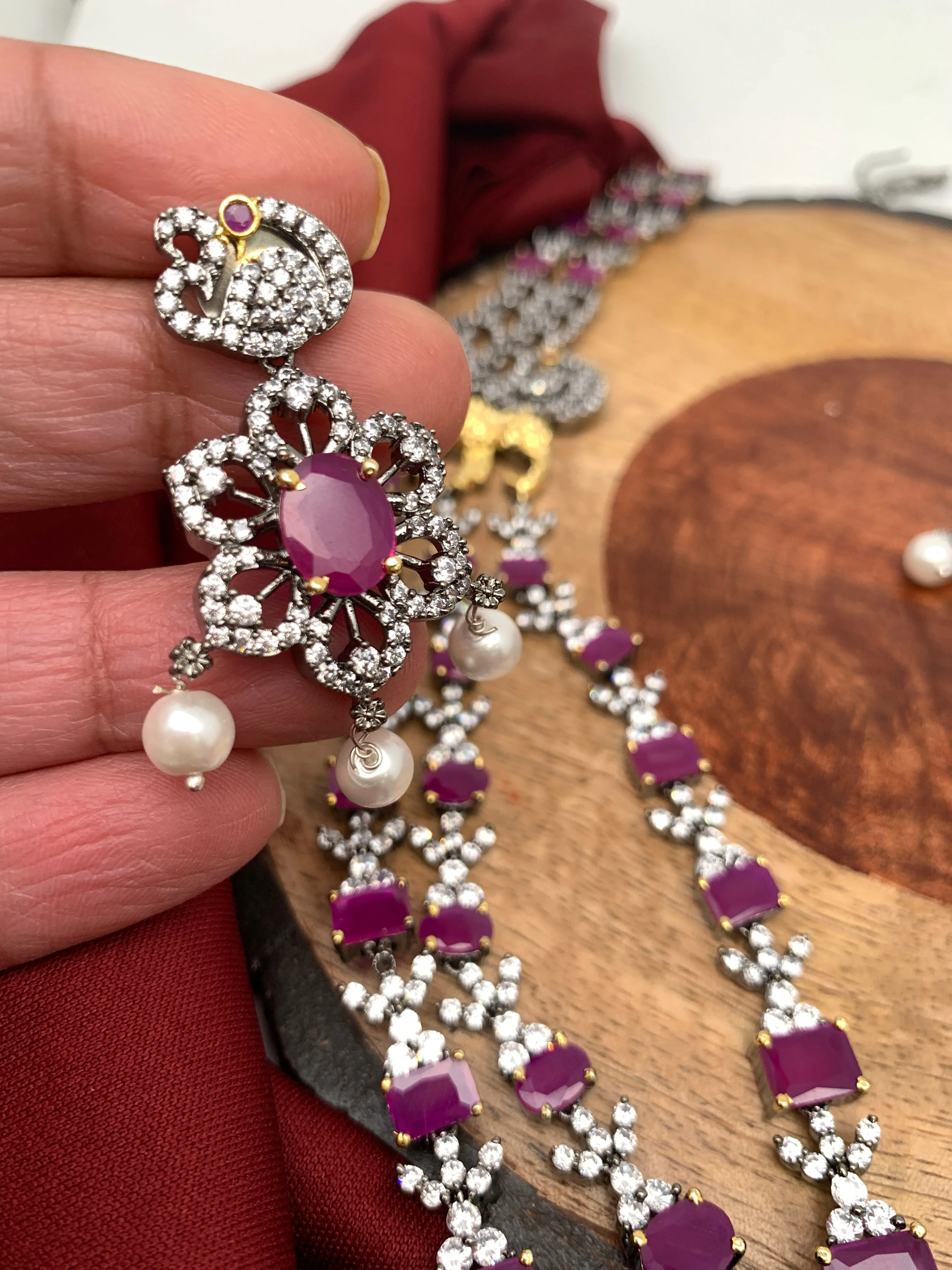 Ruby Red 3 Layer Teen Lada Long Necklace in Victorian Polish